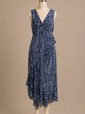 Tommy Hilfiger Navy Floral Faux Wrap Ruffle Midi Dress Size 14 Sleeveless
